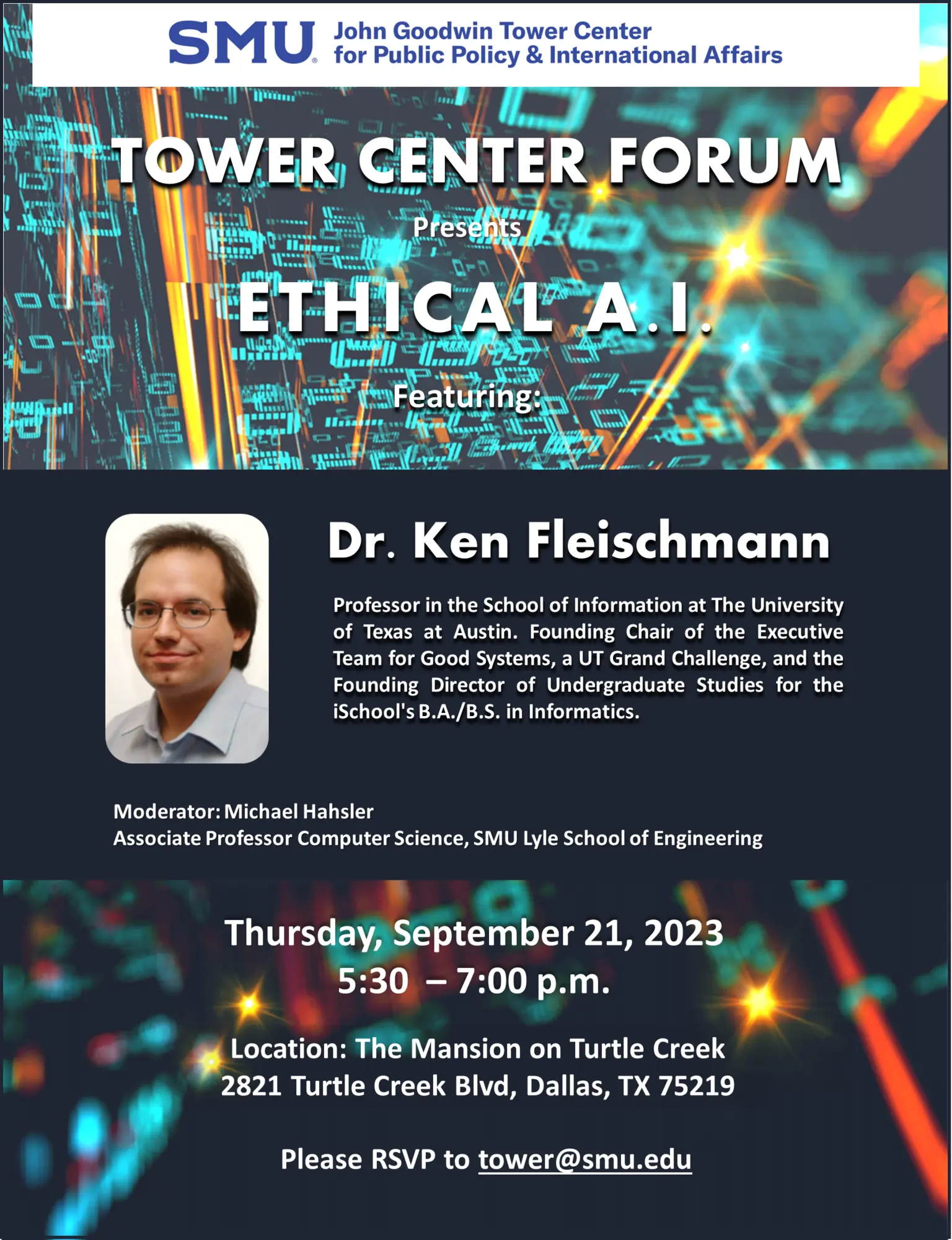 Invitation to the SMU Tower Center Forum discussion on ethics in artificial intelligence