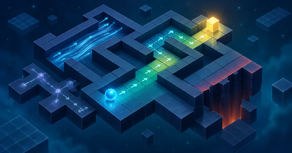 An illustrated reinforcement-learning agent navigating a gridworld toward a glowing goal